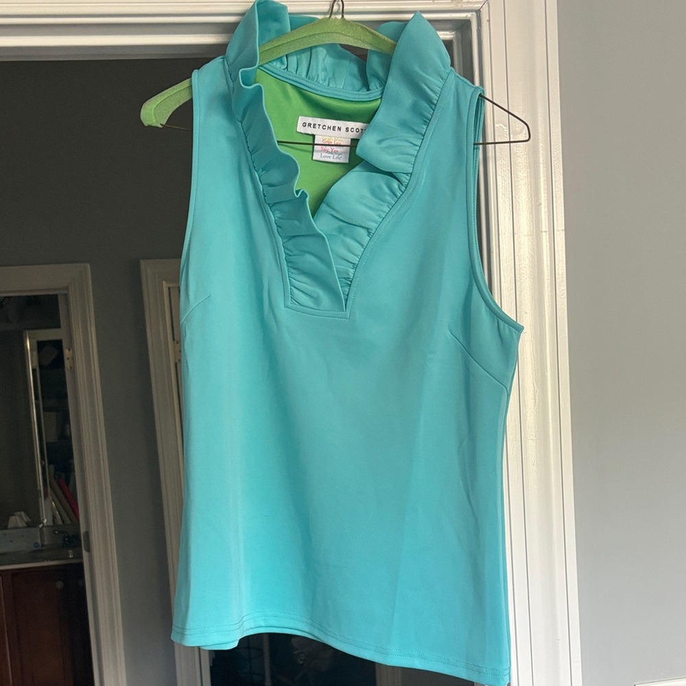 Gretchen Scott Designs Turquoise Ruffle Neck Blouse